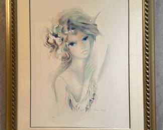 "Innocent Young Girl" Artwork Framed and Matted - Shan Merry (who also designed scarves for Hermès)