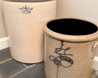Robinson Ransbottom Blue Crown Stoneware Crock and Other Assorted Crocks