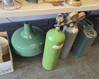 Oxy-Acetylene welding cyclinders, and a vintage enameled light