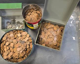 Massive piles of unsearched wheat pennies , and some steel pennies. there are early years in here