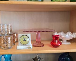 fenton bowls and cake plate, mid century glasses and more