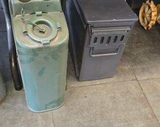 nice collection of vintage lanterns, jerry cans, railroad lights, military lanterns, cookstoves and ammo box's.