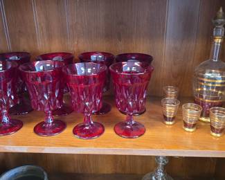 ruby red glasses and vintage decanter set