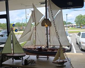 2 masted La belle poule wooden hull sailboat with canvas sails 69 inches tall 76 inches long.