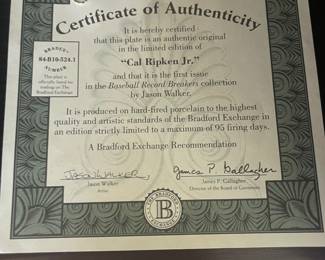 Cal Ripkin Jr. certificate for plate
