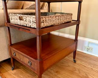 Nice tiered side table / stand with small drawer, one of a pair