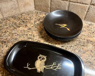 Vintage serving Couroc Owl tray and bowls