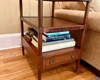 Nice tiered side table / stand with small drawer, one of a pair