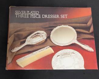 Vintage Silver Plated Three Piece Dresser Set NEW In The Original Box