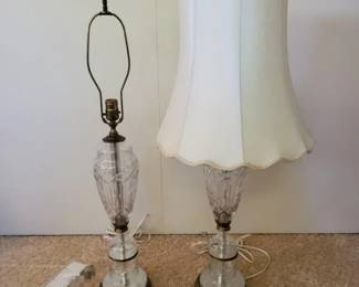 91 TwoEtchedClearCrystalBrassTableLamps