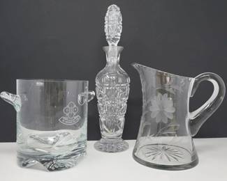 171 ElegantCutCrystalDecanterEtchedPitcherKrosnoHandledBowl