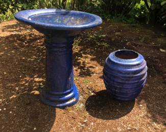 104 CobaltBlueGlazedTerracottaSetBirdbathPlanter
