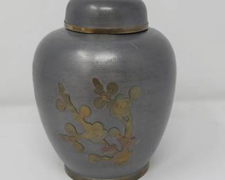 179 JapanesePewterGingerJarwithBrassCherryBlossomMotif