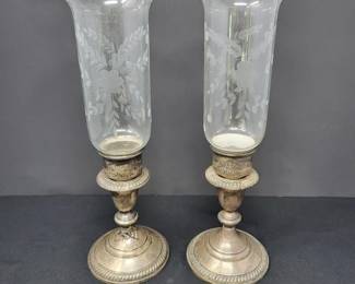 12 HirschSterlingCandleholderSetwithEtchedHurricaneLamps