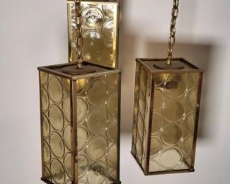 43 MidCenturyThreePendantAmberGlassBrassCeilingLights