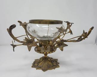 145 VintageArdaltSpainBrassLeafSprayEtchedGlassBowlCenterpiece