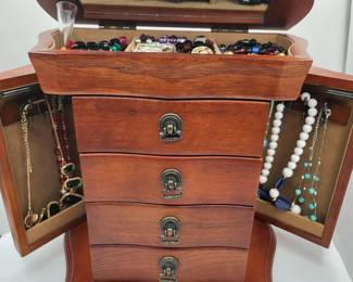 112 WoodenJewelryBoxFilledWithFashionJewelry