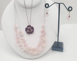 115 925RoseQuartzNecklace10kEarrings925PurpleCrystalNecklace