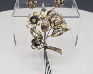 38 1940sSterlingSilverFloralSprayBroochScrewbackEarrings
