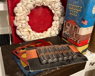 shell wreath, LINCOLN LOGS, BATTERIES...
