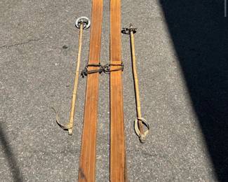 Antique Cross Country Solid Wood Skis with Poles