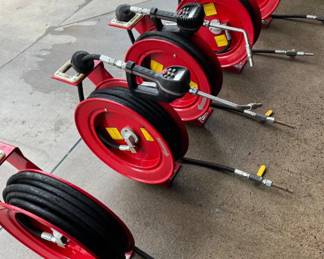 Lot of 5 Lincoln Heavy Duty Bare Hose Reel for High Pressure Grease Includes Lincoln Electronic Metering Control Valves