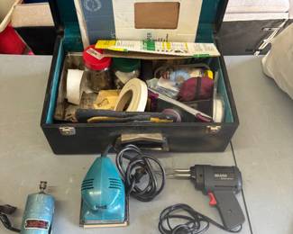 Tool and Sanding Lot Makita Finishing Sander, Soldering Gun, Electric Sewing Machine Motor, Various Sanding Tools