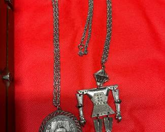 Vintage Jewelry Necklaces one with jointed Knight and the other with coin in bezel