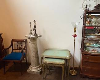 Nesting tables, antique chairs, lamps, Limoges platters, etc.