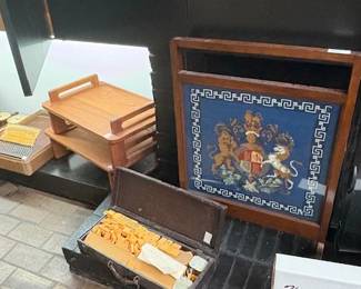 Dansk teak trays, Bakelite Mahjong set, fireplace screen.