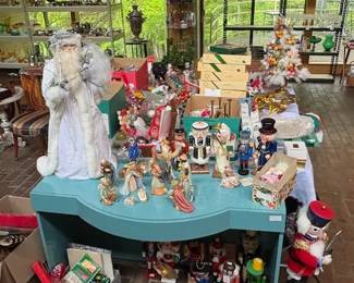 1980s formica desk, vintage Christmas items, nutcrackers, ornaments, etc.