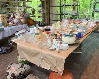 Footstools, glassware, dish sets, decorative bowls.