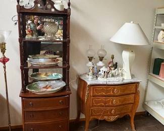 Curio cabinet, credenza, lamps.