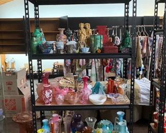 Candlesticks, vases, glassware including Murano, Webb, satin glass, candlesticks, Chinese figurines, boxes, vases.