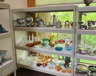 Glassware, pewter tea set, Weston pieces, tea set.