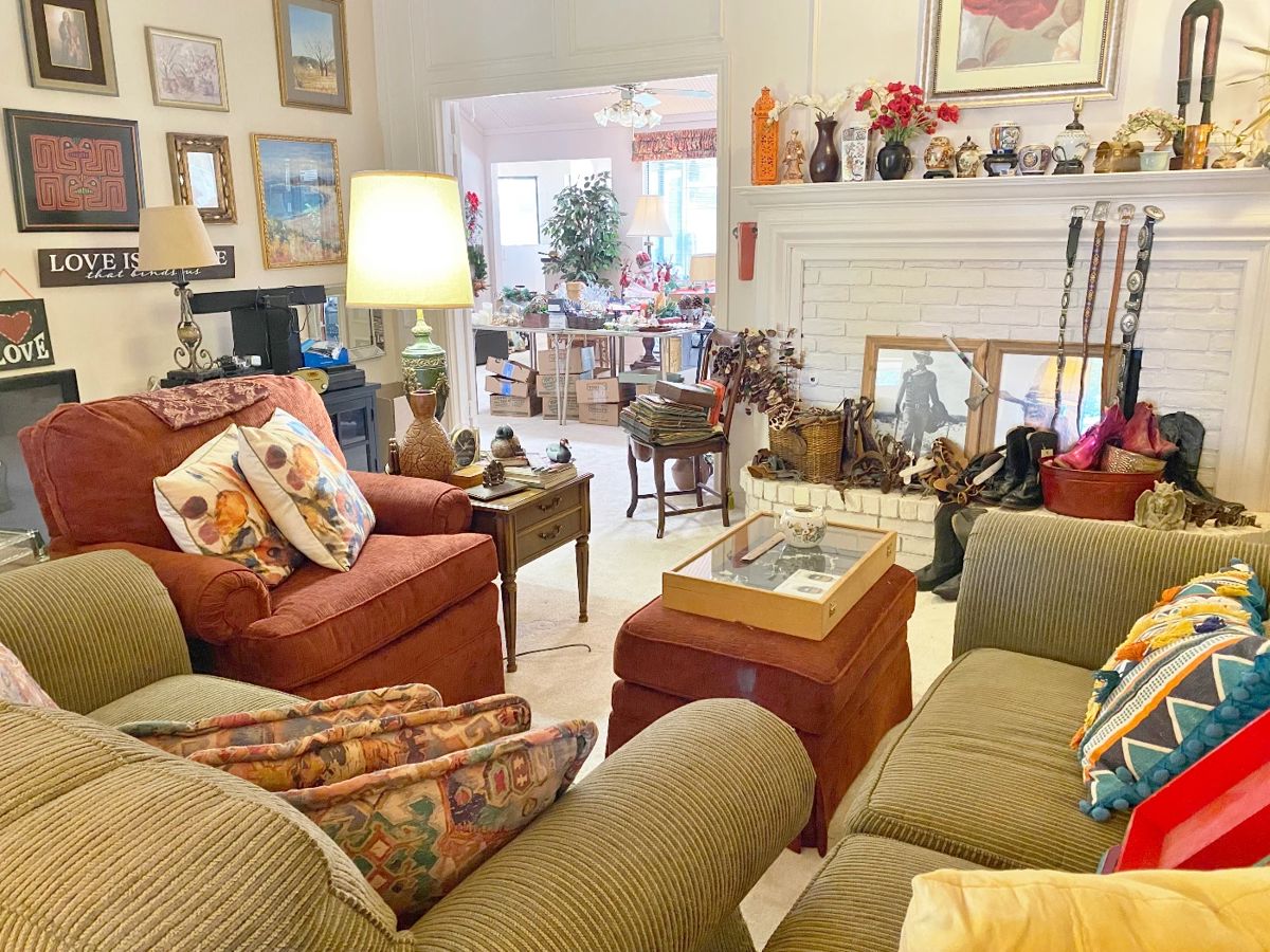 Living room packed, fabric covered overstuffed green corduroy couch, love seat and MORE