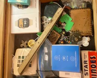 Old wooden pages from a book, mid-century phone covers, vintage dominoes, myrtle wood box, and much more,