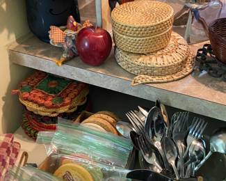 Silverware, wicker place mats, coasters, baskets,