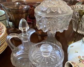 Crystal Marmalade jar, Early American Candy dish, Early American Cruet