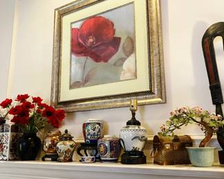 Mantle Decoratives including Asian pieces, hand carved artwork from Ghana