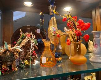 Czech Republic Blue Decanter, Amber Glass Vases, Amber Glass Cruet, Organic Bird House Decoration