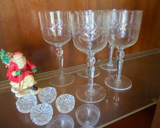 Depression glass stemware and Brilliant Cut Crystal Salts Cellars