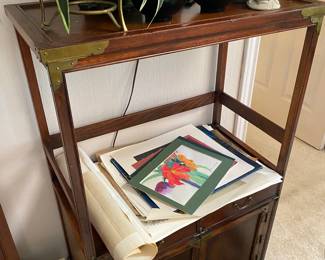 Assortment of Artwork from prints to watercolor, Asian Style Cabinet