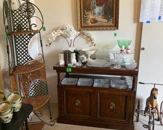 Corner shelf wicker and metal, mahogany traditional style server, antique square brilliant cut plates,