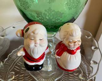 Holiday Green Bowl, Cake Plates, Mr and Mrs Santa Salt Shakers