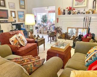 Living room packed, fabric covered overstuffed green corduroy couch, love seat and MORE