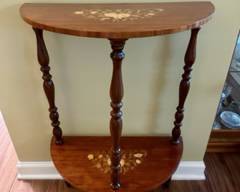 Italian walnut hand inlaid marquetry style floral design, two tiered hall table on 3 legs; Dimensions: 10d x 20w x 30h; $188