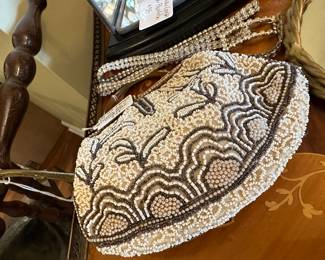 Vintage seed bead and silk purse with original mirror inside and matchbox.