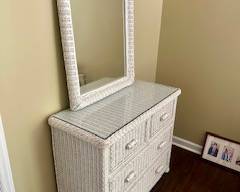 Vintage white wicker 4-drawer dresser with glass top and mirror; Dresser measures 38"W x 17.5"D x 32" H; Mirror measures 27" x 36" $250/set