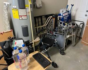 Medical supply equipment: wheelchair, 6 walkers, bedside toilet and grabber - prices vary $15-$30
Tall standing heater $50